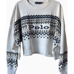 New Polo Ralph Lauren Logo Women's Geo-motif Terry Crop Pullover Size Large